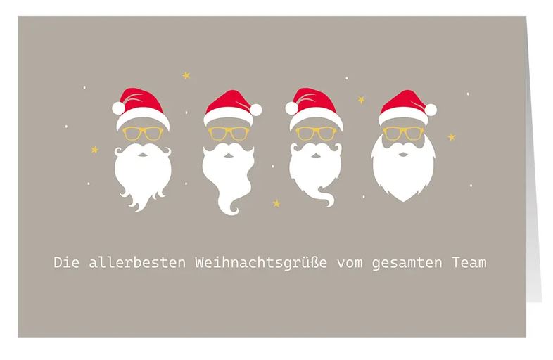Originelle Firmenweihnachtskarte "Festliches Quartett" mit Teamgruß und Weihnachtsmann-Köpfe
