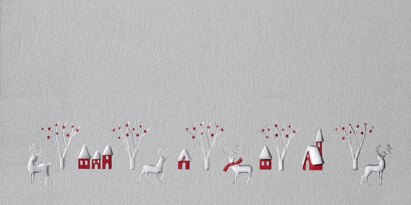 Weihnachtskarte silber metallic mit Bäumen, Häusern und Rentieren mit Folienprägung