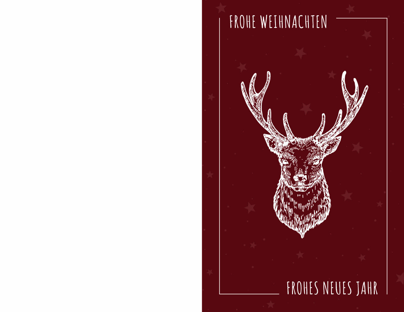 Moderne Weihnachtskarte in Bordeauxrot „Christmas Deer“ mit Hirsch und dezentem Sternenhintergrund sowie deutschsprachigem Gruß