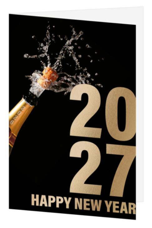 Neujahrskarte "Glamour" mit Spendenzweck zugunsten WAR CHILD, Jahreszahl 2027 und Happy New Year