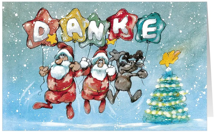 Weihnachtliche Dankkarte "Schwebende Freude" mit bunten Ballons, zwei Weihnachtsmännern und einem kleinen Rentier