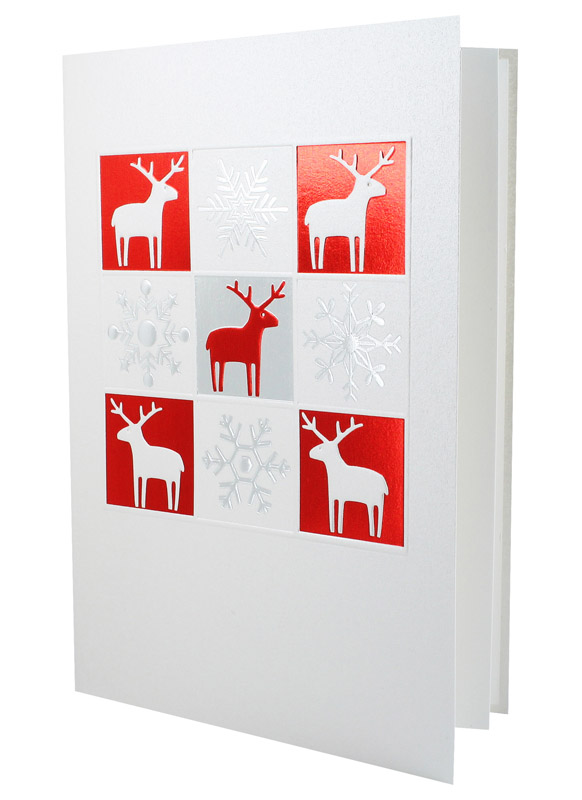 Weihnachtskarte in perlmutt mit Spendenanteil Deutscher Kinderschutzbund mit roten und silbernen Schneeflocken und Rentieren im Foliendruck