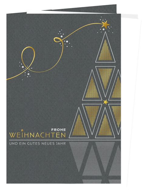 Edle, graphitgraue Weihnachtskarte "Dreieckskunst" mit Silber- und Goldfolienprägung, inkl. Falteinleger innen