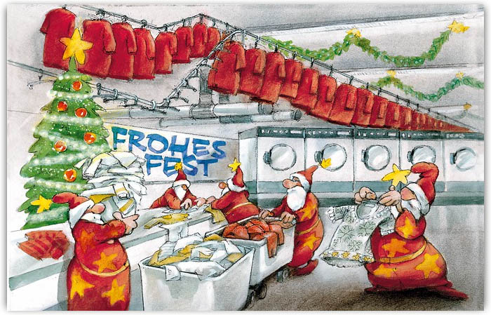 Lustige Branchenkarte für Wäscherei und Reinigung mit Weihnachtsmänner beim Wäschewaschen