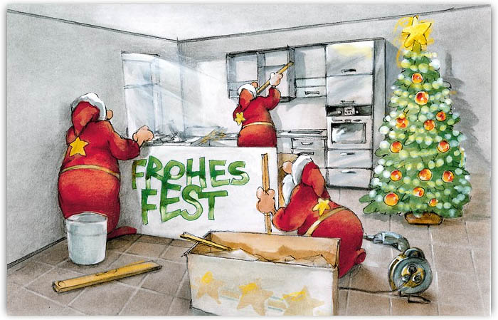Witzige Branchenweihnachtskarte für Küchenhaus, Möbelhaus oder Schreinerei mit Weihnachtsgruß