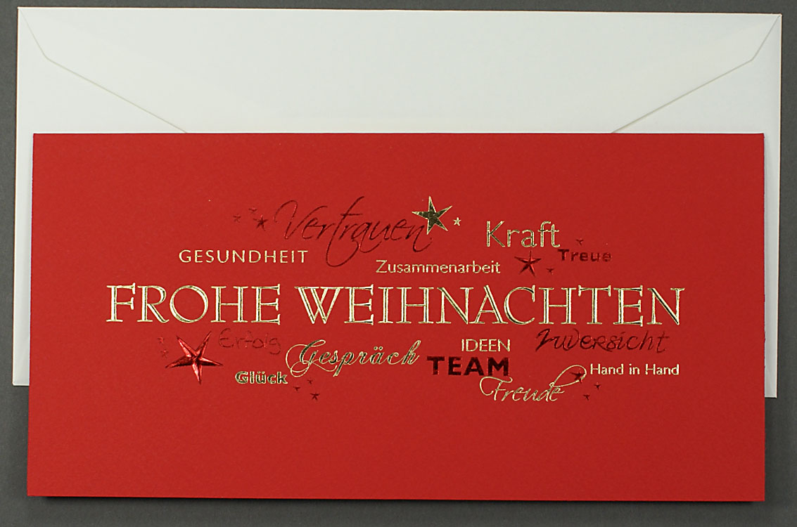 Weihnachtskarte rot mit vielen Wünschen und Schlagworten