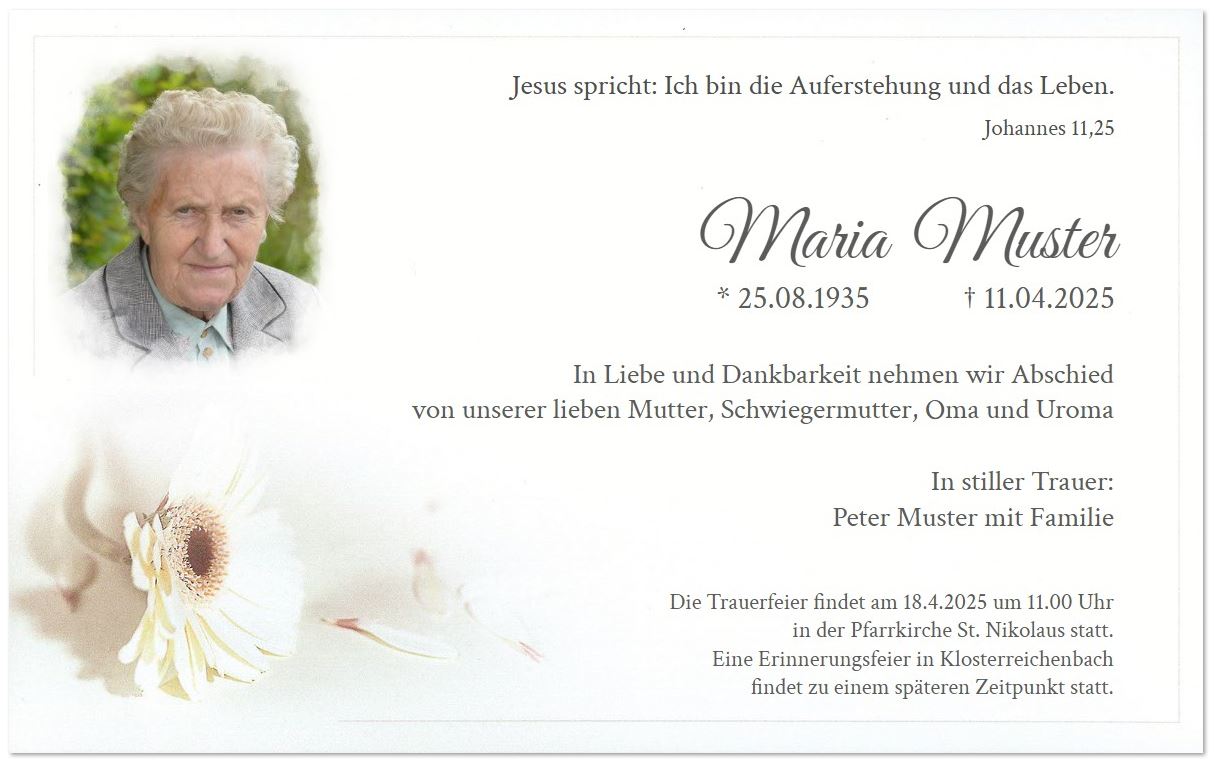 Traueranzeige-Einzelkarte in cremeweiß mit weißer Gerbera-Blüte und hellem Trauerrand