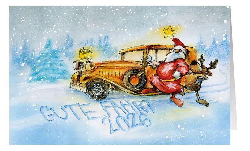 Branchenkarte "Gute Fahrt ins neue Jahr" mit Jahreszahl 2026, dem Weihnachtsmann und Rentier mit einem Oldtimer