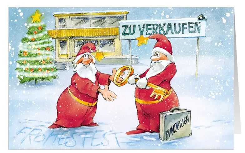 Branchenkarte "Neues Zuhause" für Immobilienmakler mit zwei Weihnachtsmänner bei der Schlüsselübergabe