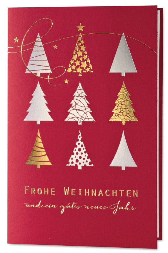 Weihnachtskarte rot mit Weihnachtsbäumen silber und gold
