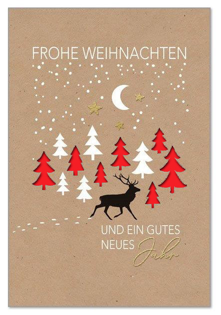 Weihnachtskarte in Kraftpapier-Optik mit Formstanzung Tannenbäume, Goldfoliendruck und Einleger in Rot