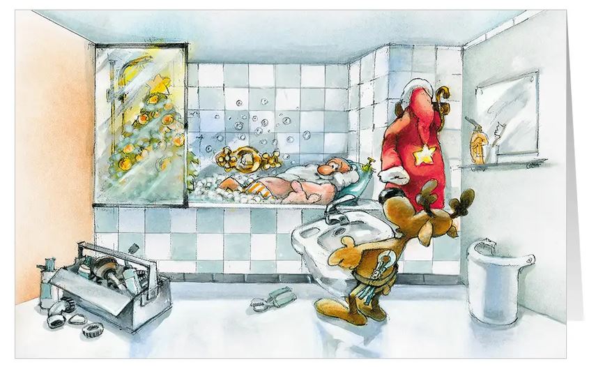 Branchen-Weihnachtskarte  "Erfrischendes Fest" mit Weihnachtsmann in der Badewanne passend für Heizung- und Sanitärbetriebe 