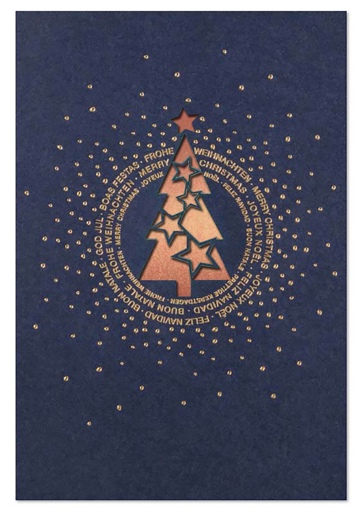 Laser-Weihnachtskarte in blau mit internationalen Grüßen und Einlegeblatt in kupfer