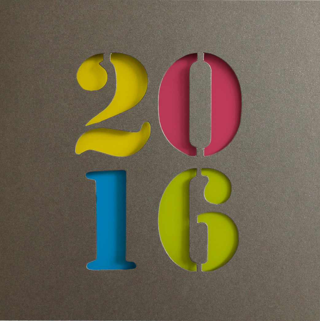 Neujahrskarte anthrazit metallic mit bunter Jahreszahl 2016