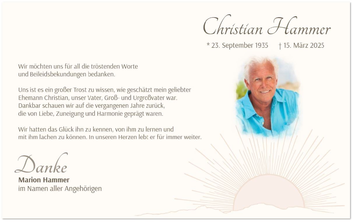 Trauer-Danksagungskarte mit Motivdruck Sonnenuntergang hinter einem Wolkenband