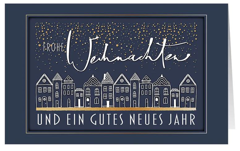 Stilvolle Weihnachtskarte mit Spendenzweck für Ärzte ohne Grenzen "Eleganter Stadtgruß" in Blau und Weiß
