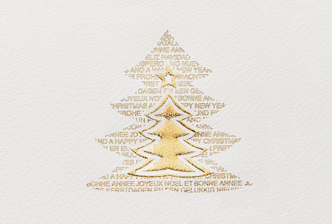 Weihnachtskarte creme mit Text in Baumform Holographie-Effekt
