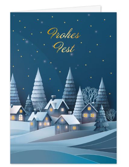 Winterliche Weihnachtskarte "Verschneites Dorf" als Klappkarte mit Veredelung in Gold