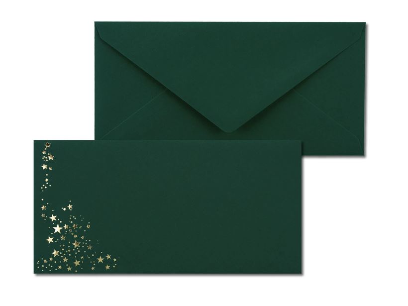 Weihnachts-Briefumschlag kieferbrün mit goldenen Sternen, nassklebend, ohne Fenster, DIN lang