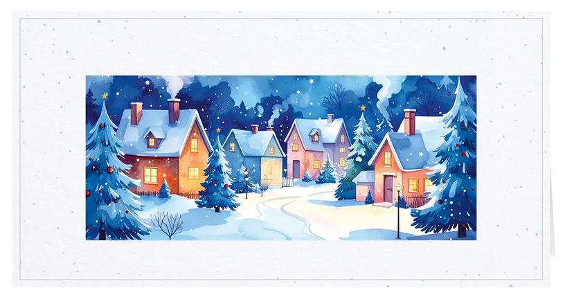 Malerische Weihnachtskarte "Stille Idylle" mit verschneitem Winterdorf zwischen Tannenbäumen, ohne Gruß, DIN lang