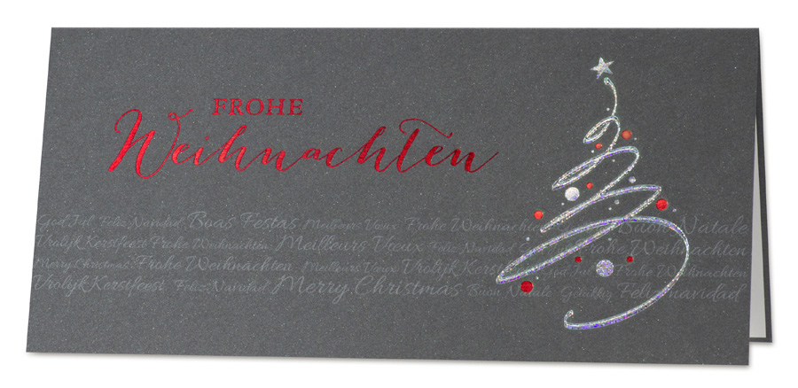 Weihnachtskarte anthrazit metallic mit internationalen Weihnachtswünschen