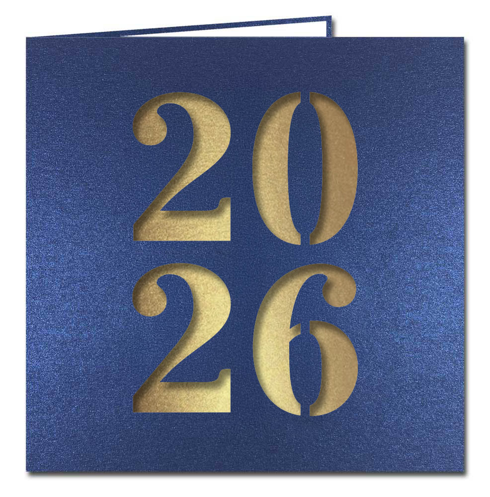 Neujahrskarte dunkelblau Metallic mit Laserstanzung 2026 und goldenem Einlegeblatt