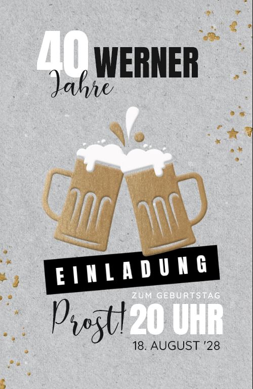 Rustikale Einladungskarte zum 40. Geburtstag mit Bierkrug im zünftigen Design