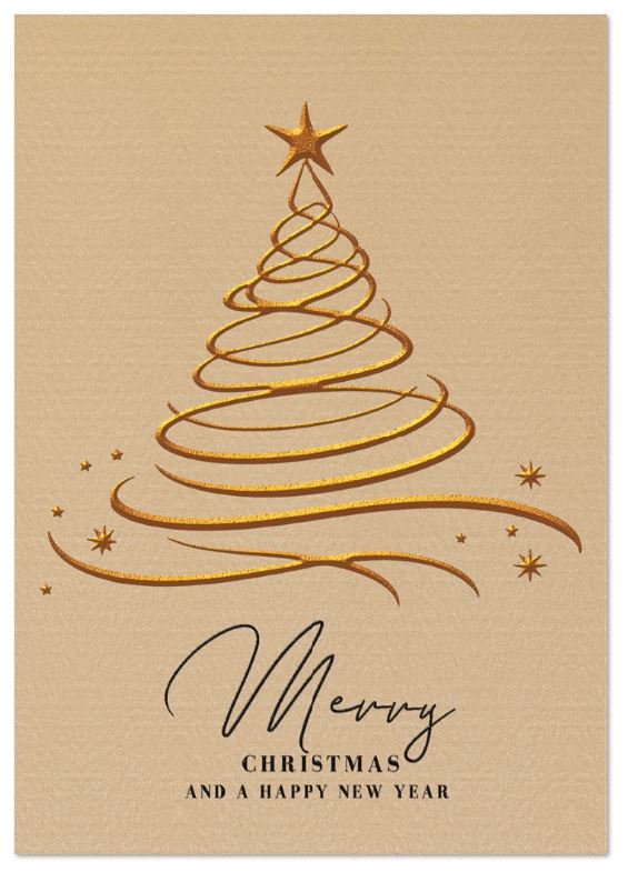 Englischsprachiger Weihnachtsgruß im modernen Design, sandfarben mit Bronze- und Schwarzfolienprägung