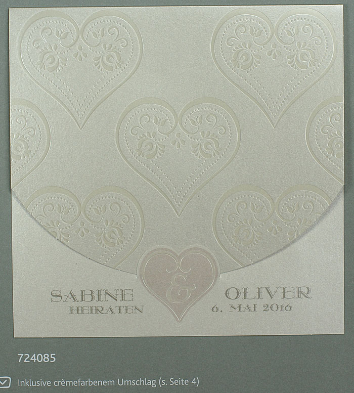 Hochzeitskarte perlmutt mit eingeprägten Herzen mit Blütenranken