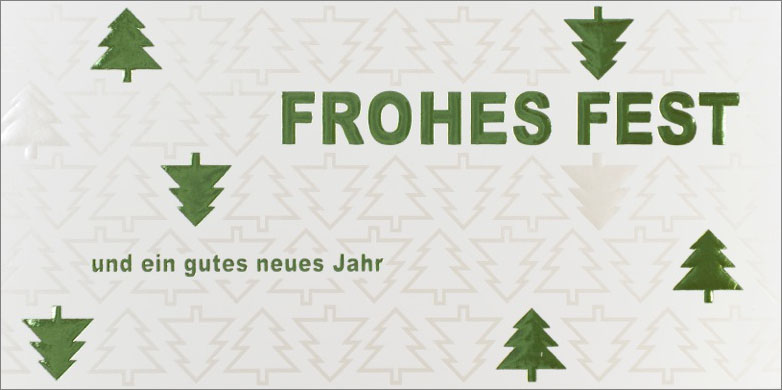 Weihnachtskarte Frohes Fest und ein gutes neues Jahr grün perlmutt Weihnachtsbäume