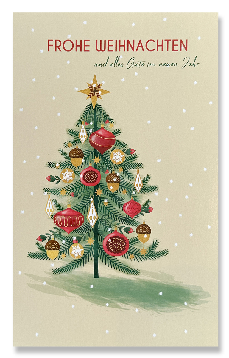 Traditioneller Weihnachtsgruß mit geschmücktem Tannenbaum und "Frohe Weihnachten - Alles Gute im neuen Jahr"
