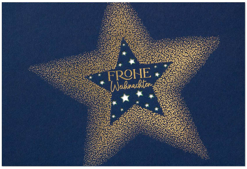 Exklusive Weihnachtskarte in blau mit Laserstanzung Sterne und edler Goldfolienprägung, Einleger weiß