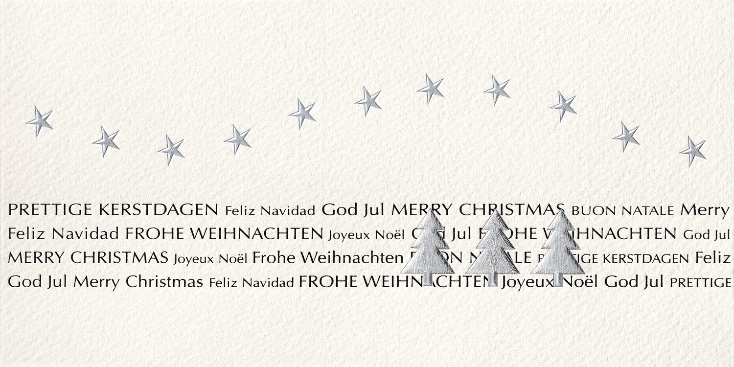 Weihnachtskarte creme mit Weihnachtsbäumen und Sternen