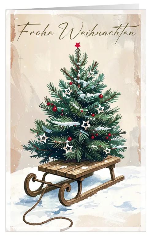 Klassische Weihnachtsgrußkarte "Nostalgie" mit festlichem Christbaum auf einem Holzschlitten und Gruß