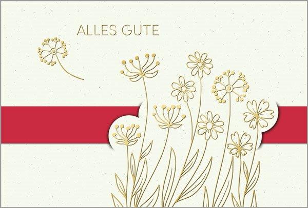 Universal-Glückwunschkarte "Blütenglanz" aus nachhaltigem Naturkarton mit roter Banderole und Falteinleger innen 