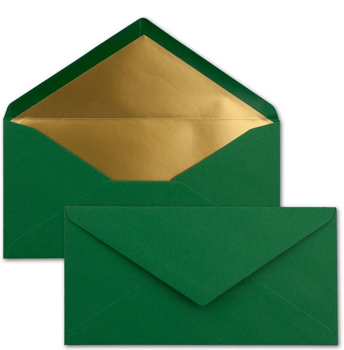 Briefumschlag DIN lang dunkelgrün mit Gold-Metallic-Innenfutter, nassklebend, 22x11 cm 
