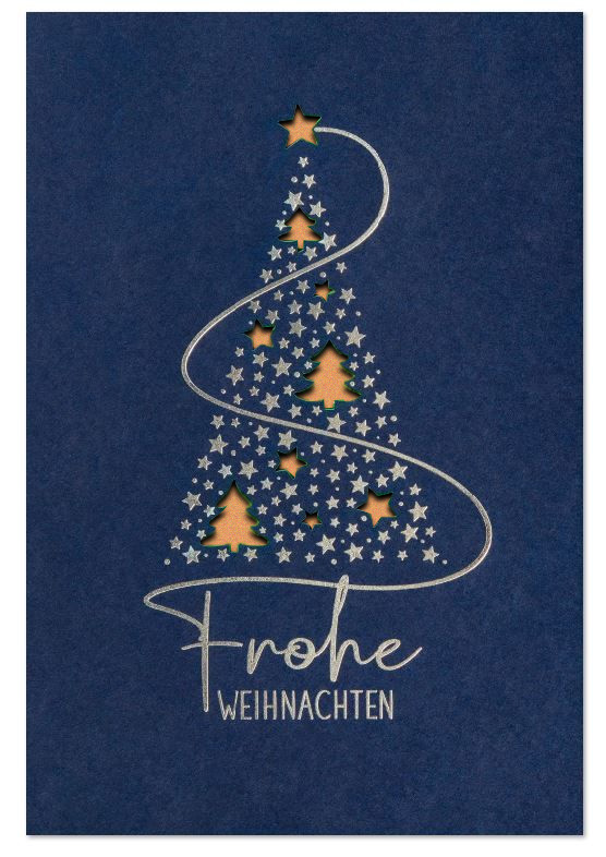 Blaue Weihnachtskarte mit Silberprägung und Stanzung sowie gutem Zweck: Kinderkrebshilfe, Einleger kupfer