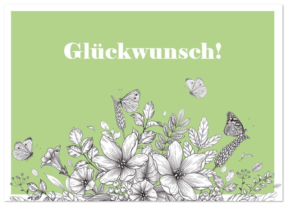 Grüne Glückwunschkarte "Natur-Eleganz" mit zahlreichen Blüten, Schmetterlingen und Schriftzug Glückwunsch!