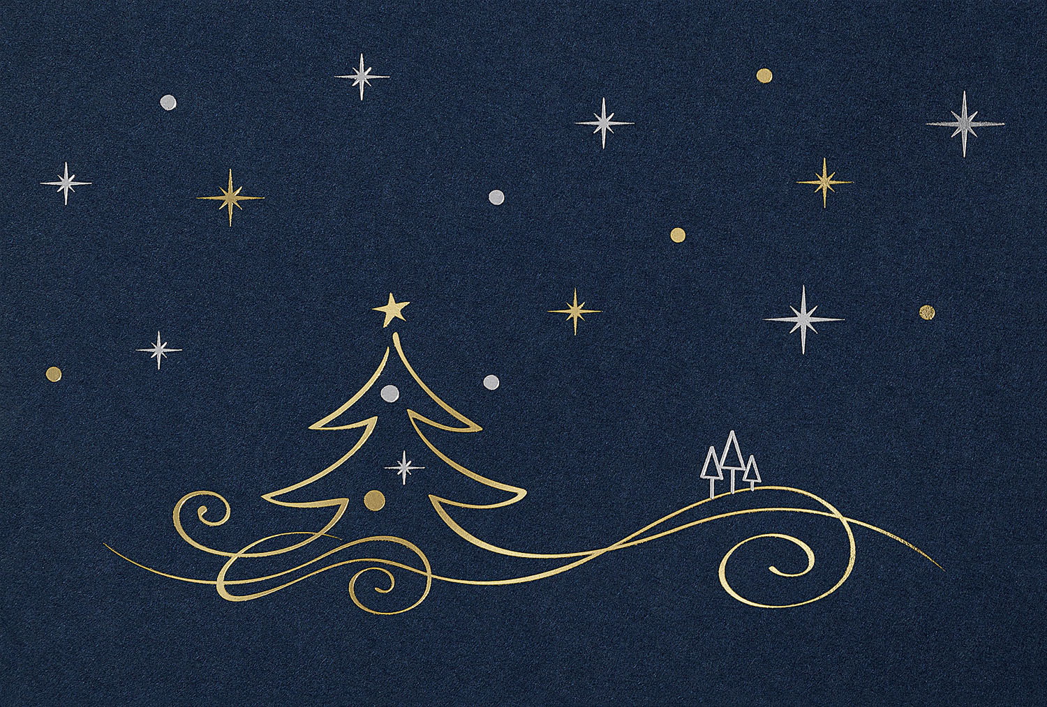 Weihnachtskarte nachtblau mit Sternen und Weihnachtsbäumen in Silber und Gold