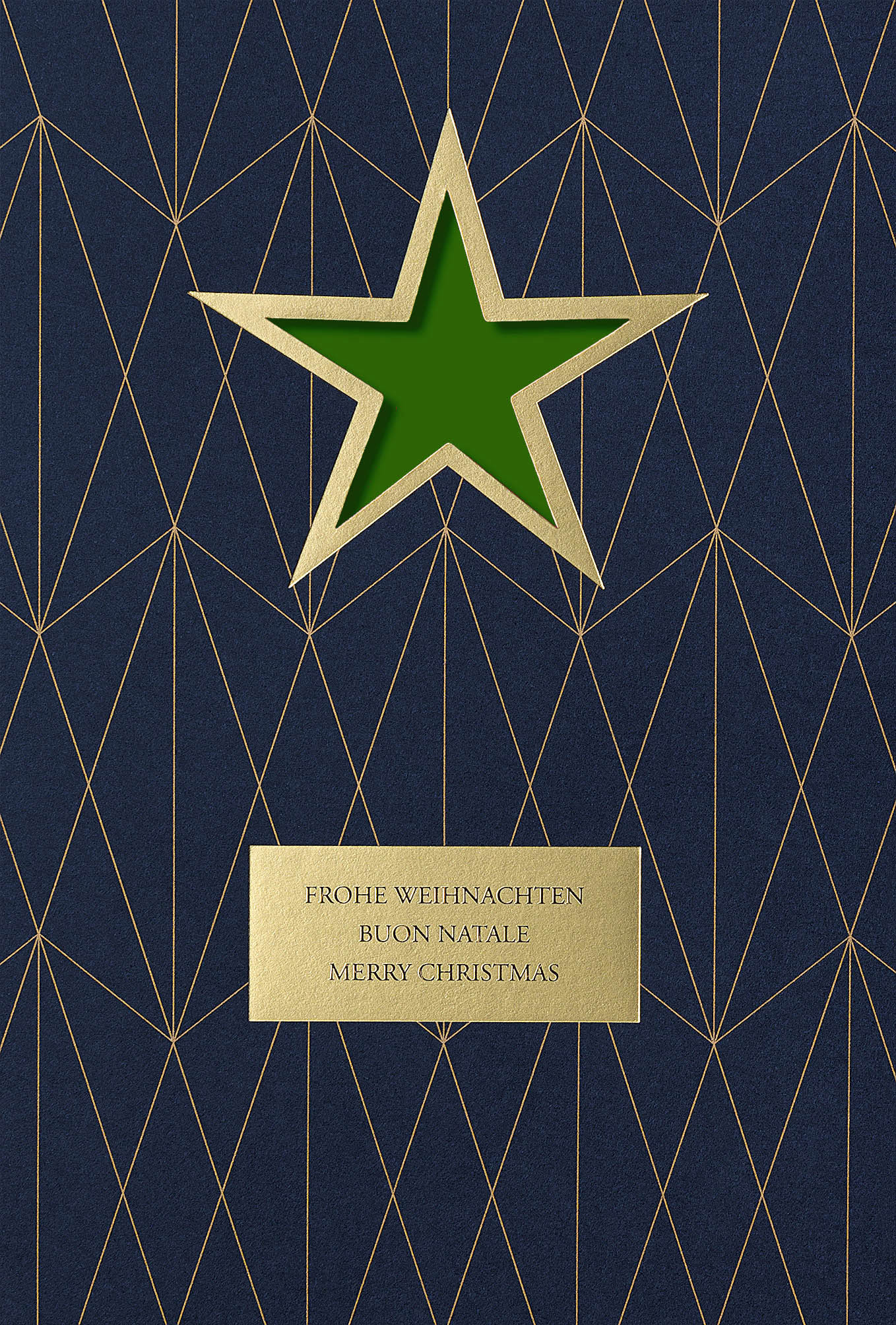 Moderne, mehrsprachige Weihnachtskarte in dunkelblau mit dunkelgruenem Einlegeblatt und Stanzung