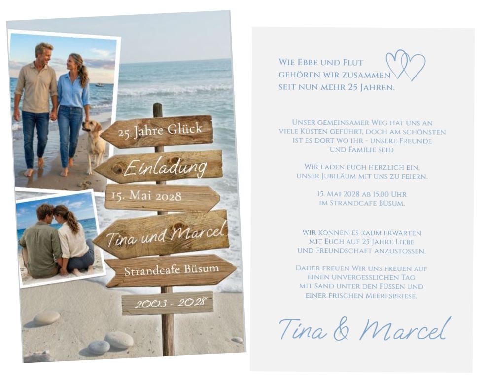 Maritime Einladungskarte zur Silberhochzeit "Meeresbriese" mit Schilderbaum, eigenen Bildern, Strand und Meer