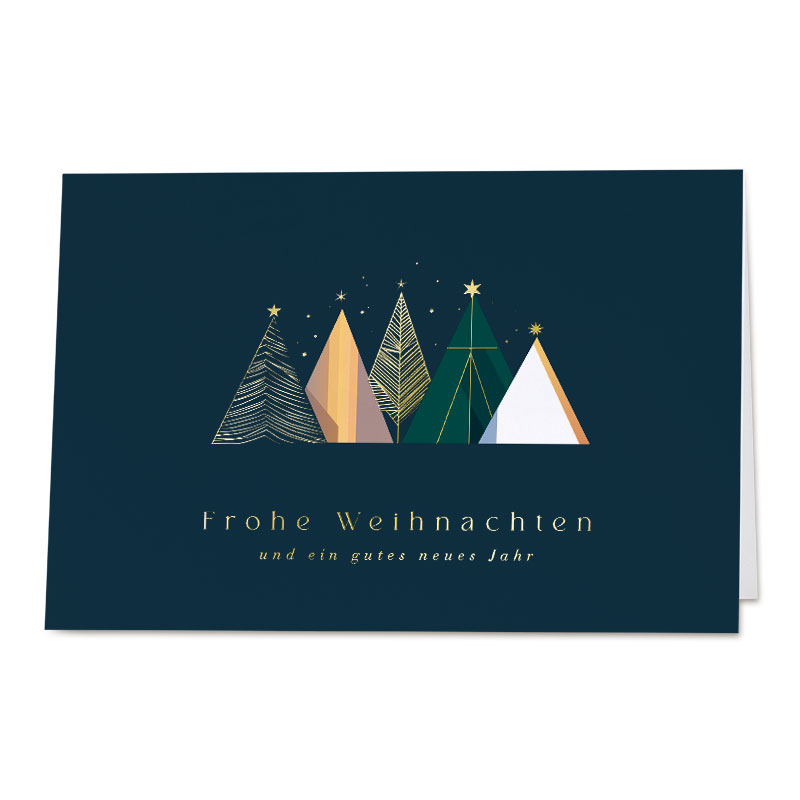 Moderne Weihnachtskarte in graugrün mit Goldfolienprägung und Weihnachtsbäumen 