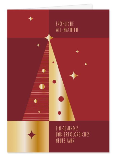 Firmenweihnachtskarte in Rot mit Goldprägung und Spendenanteil zugunsten: Kinder-Krebs-Stiftung