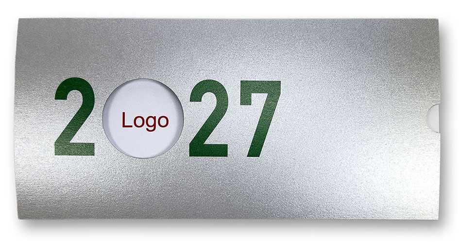 Silberne Neujahrskarte Metallic-Karton Schiebekarte für Jahreswechsel 2026 - 2027 mit Logo-Fenster