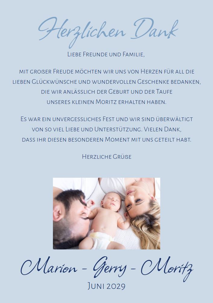 Danksagungskarte nach der Baby Geburt / Taufe Kind, mit eigenem Foto selbst gestalten.