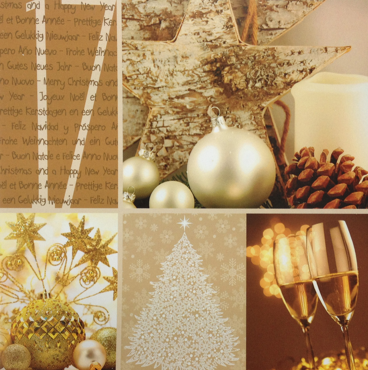 Weihnachtskarte quadratisch mit bräunlichen Weihnachtsmotiven international Jahreszahl 2017