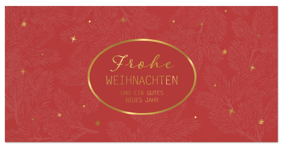 Klassischer Weihnachtsgruß in Rot "Stimmungsvoller Gruß" mit Gold- und Rotfolienprägung, DIN lang
