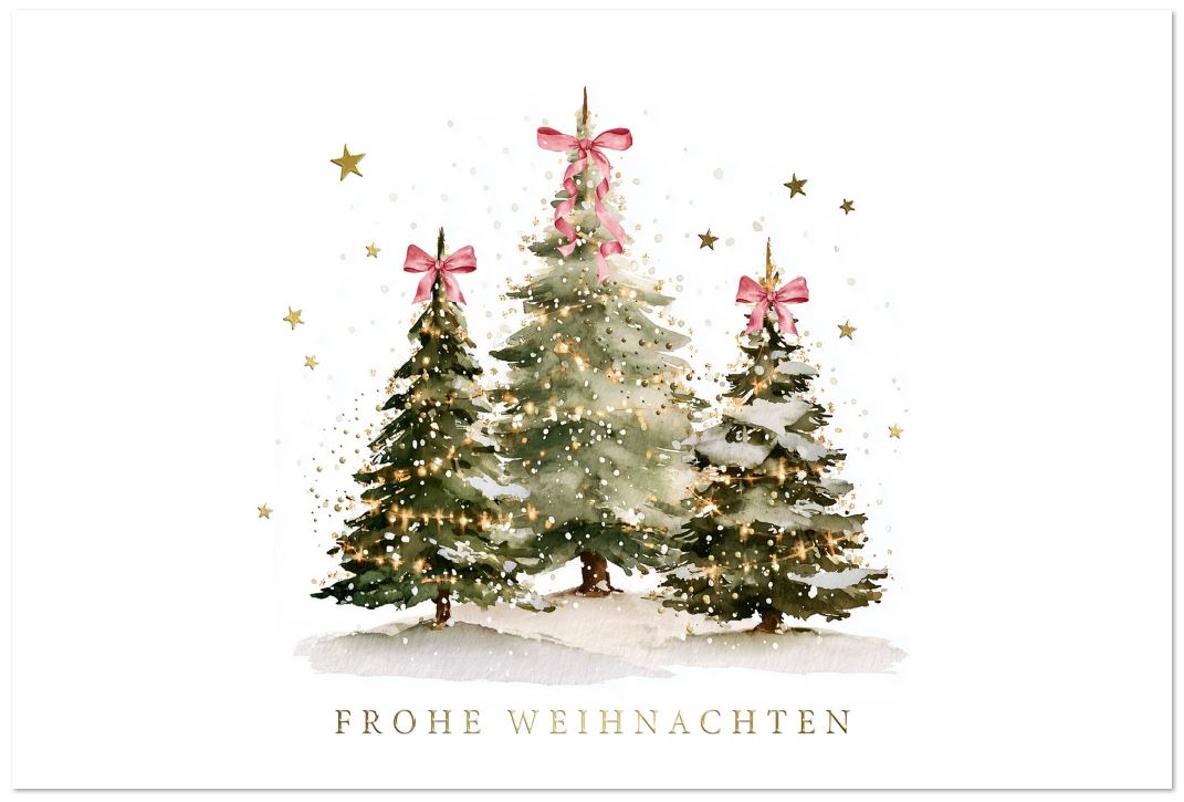 Klassische Weihnachtskarte "Festliches Trio" in Weiß mit Tannenbäumen und rosa Schleifen an den Baumkronen