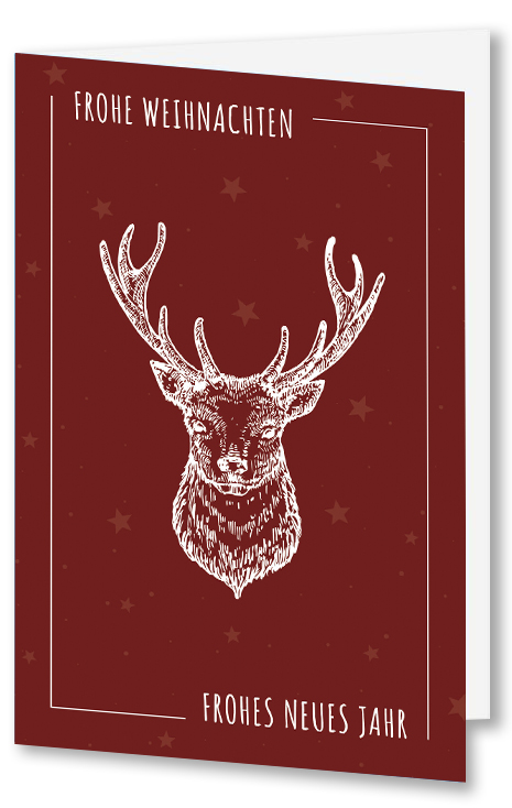 Moderne Weihnachtskarte in Bordeauxrot „Christmas Deer“ mit Hirsch und dezentem Sternenhintergrund sowie deutschsprachigem Gruß