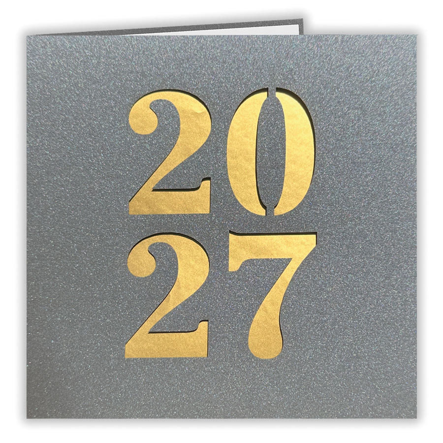 Graue Metallic-Neujahrskarte mit Laserstanzung 2027 und goldfarbenem Einlegeblatt